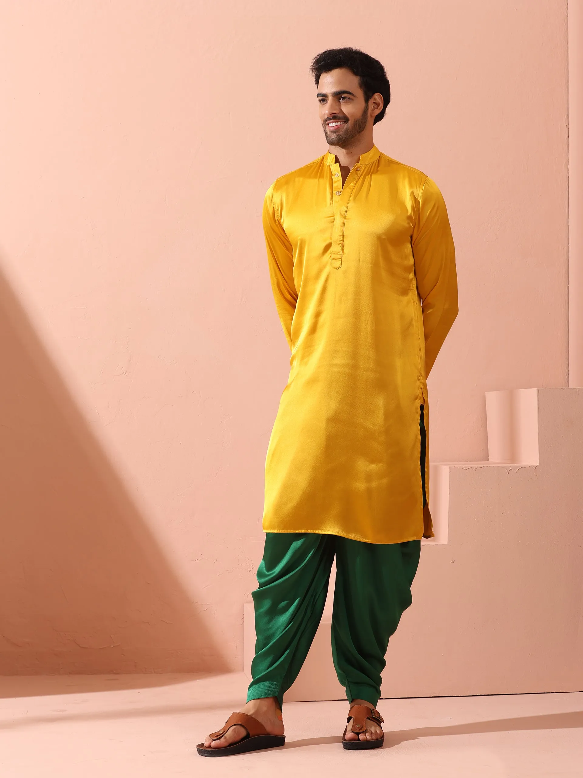 Yellow Python Satin Kurta with Hidden Placket