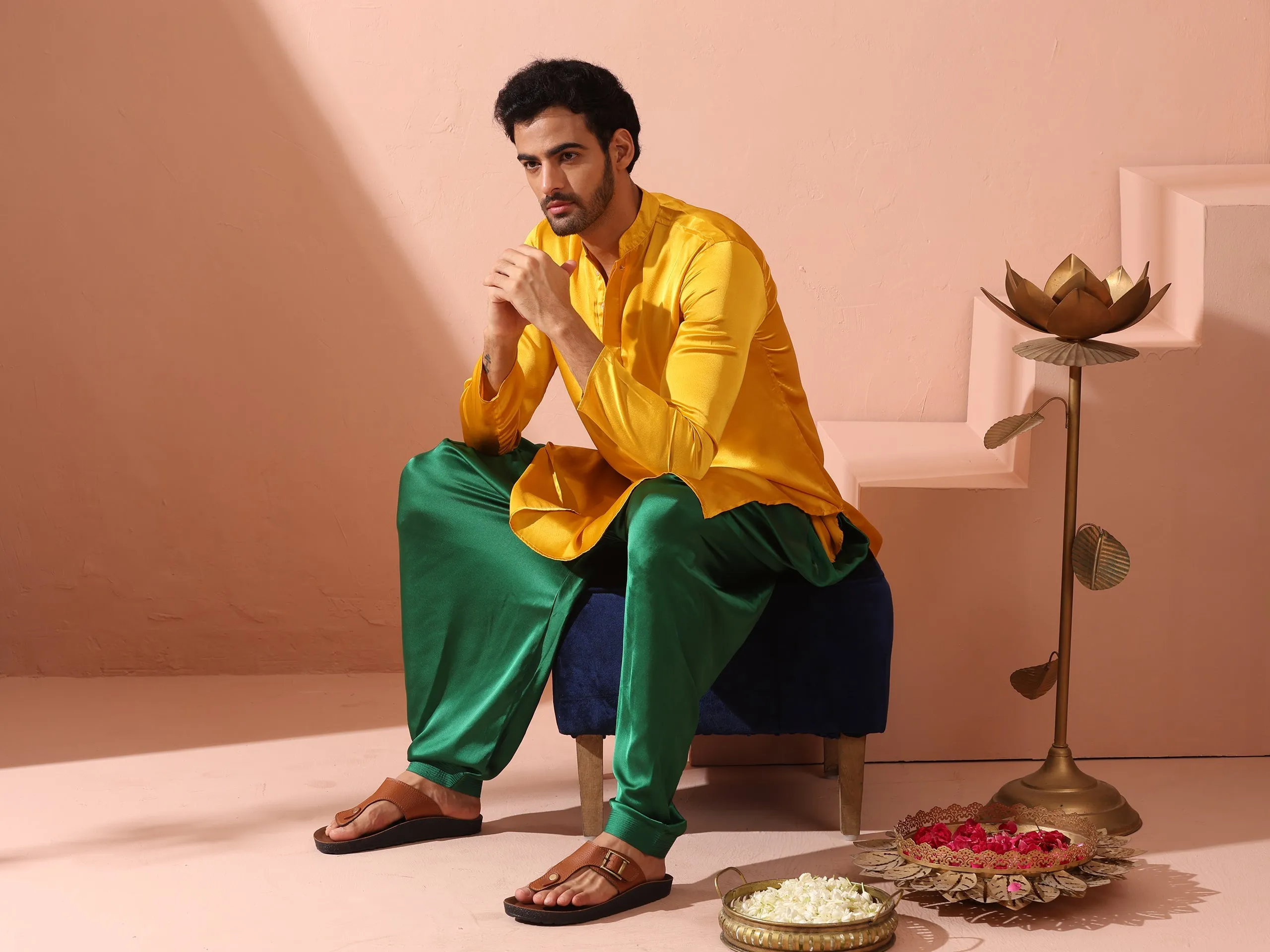 Yellow Python Satin Kurta with Hidden Placket