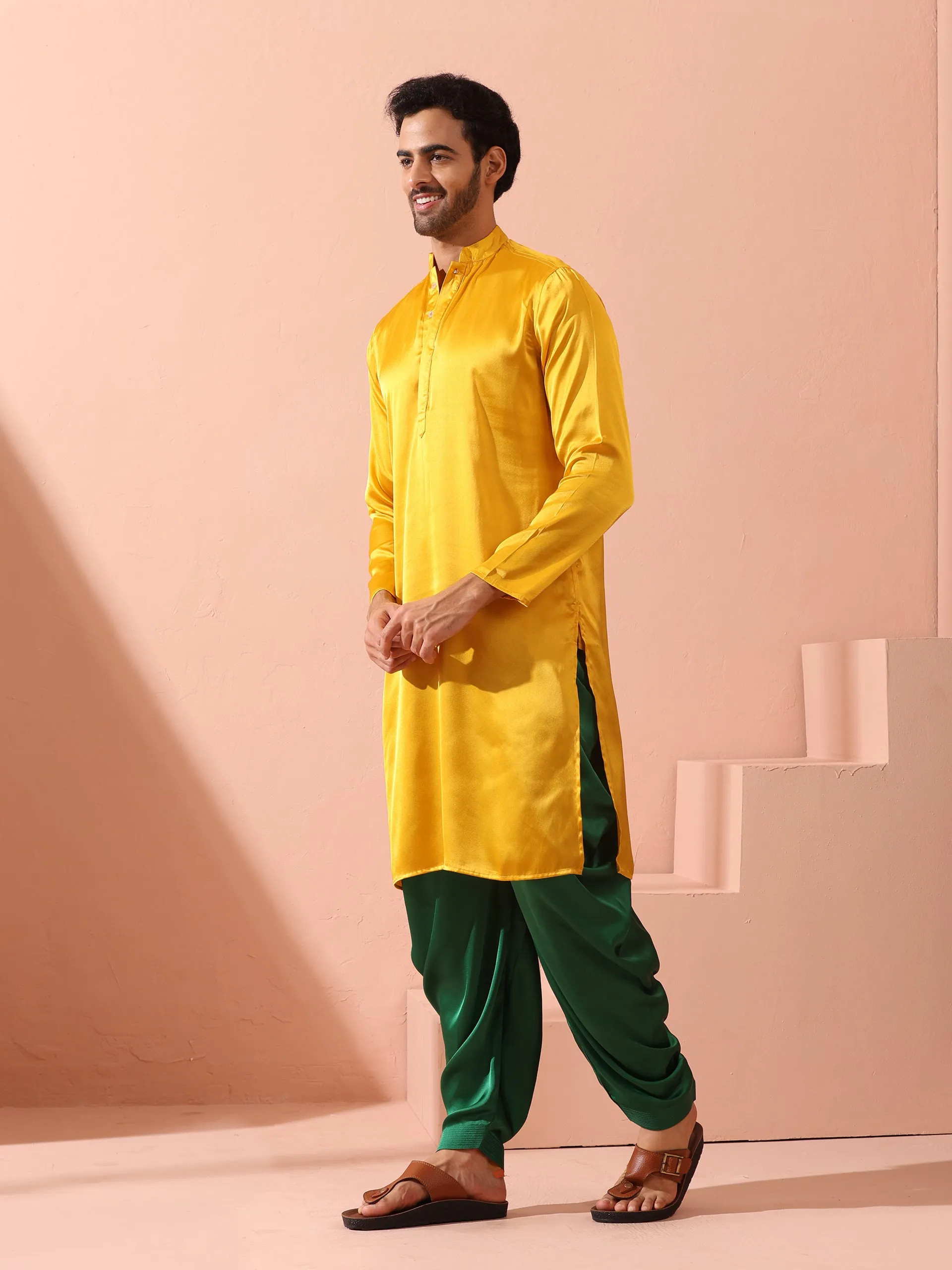 Yellow Python Satin Kurta with Hidden Placket