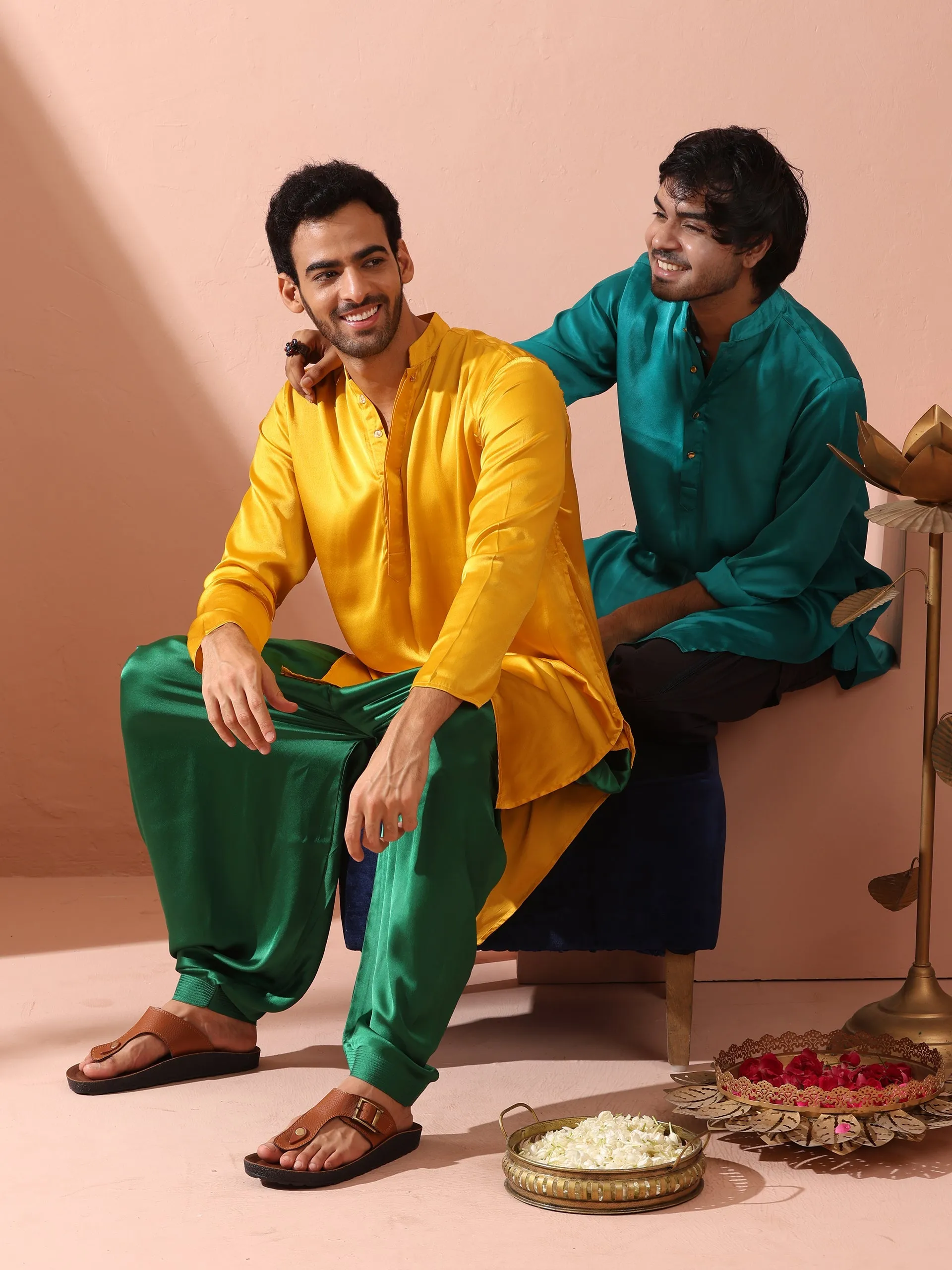 Yellow Python Satin Kurta with Hidden Placket