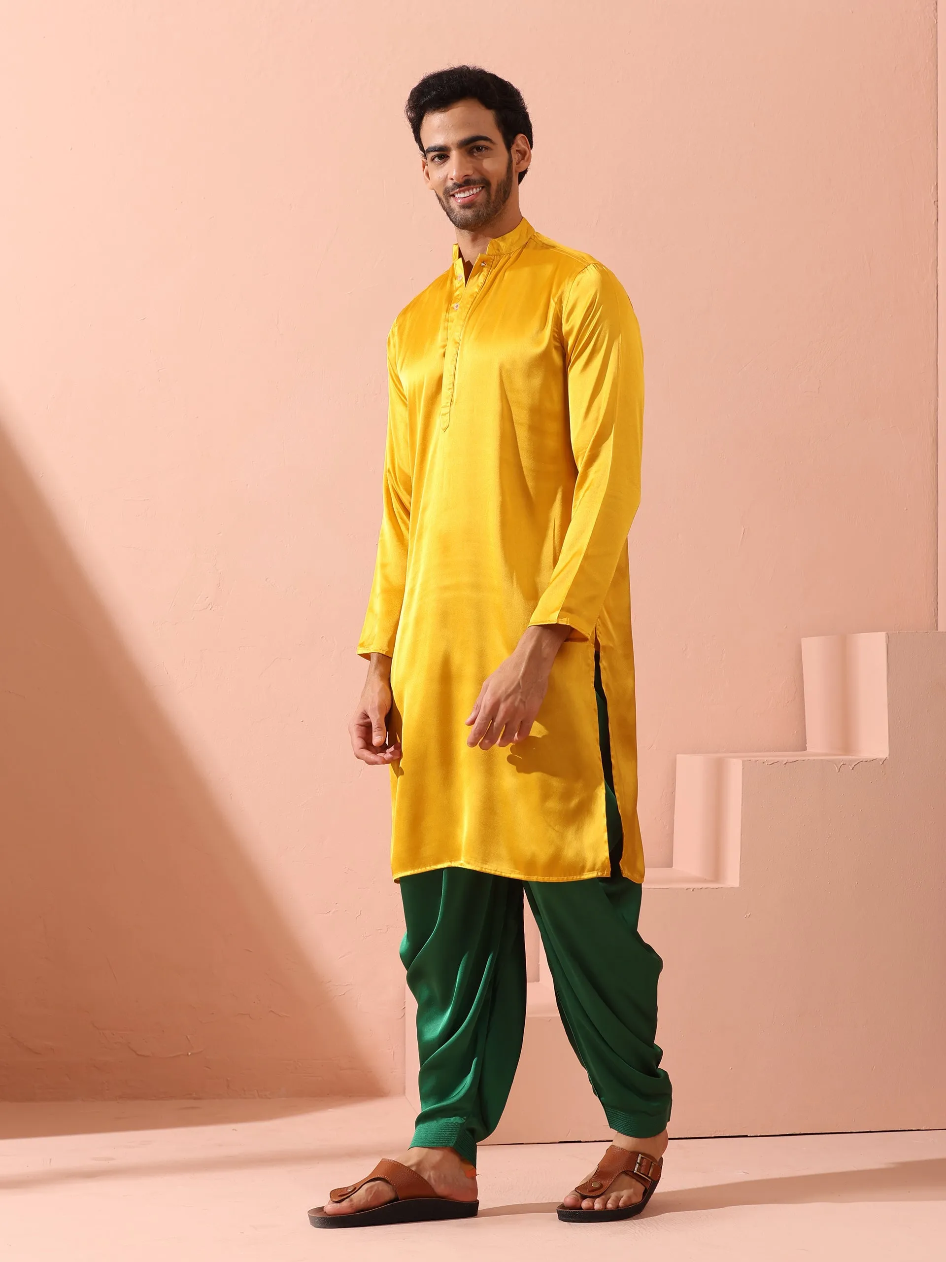 Yellow Python Satin Kurta with Hidden Placket