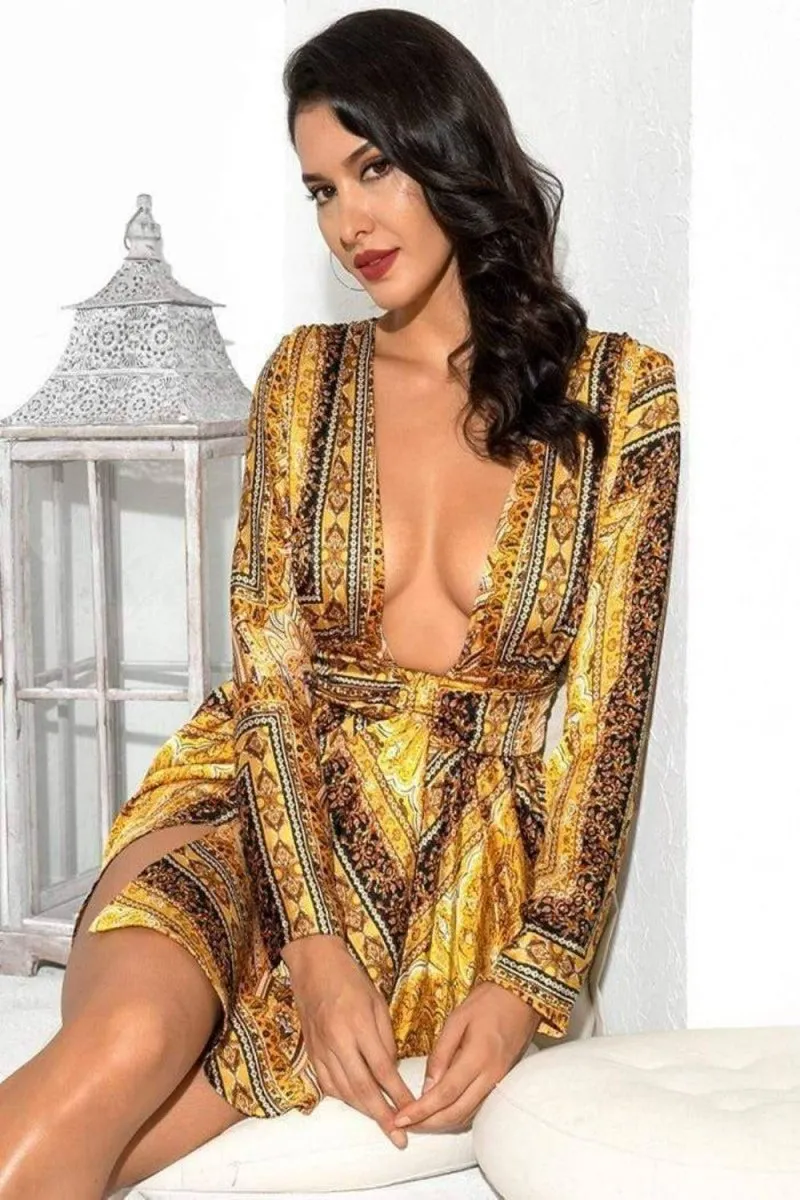 Yellow Vintage Versace Print Mini Dress