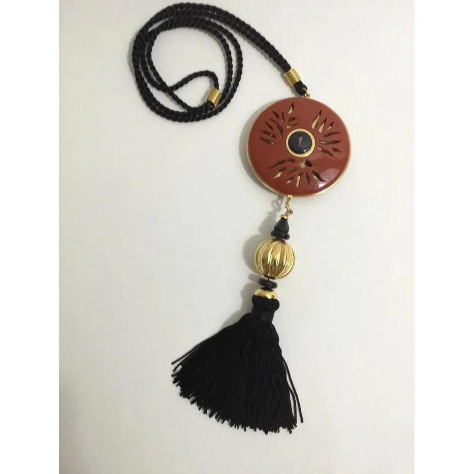 YVES SAINT LAURENT Vintage Opium Pendant & Gold Bead Black Tassel Necklace