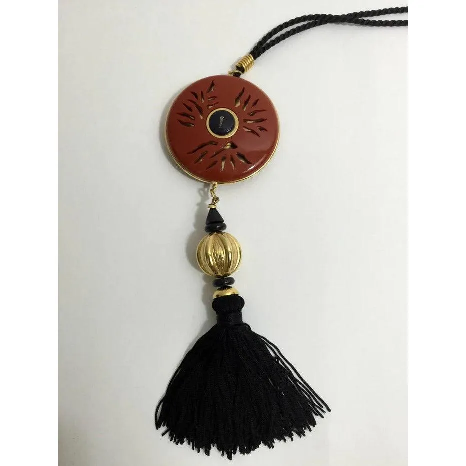 YVES SAINT LAURENT Vintage Opium Pendant & Gold Bead Black Tassel Necklace
